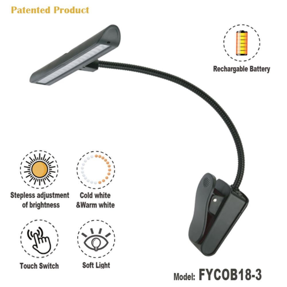 FEYER- FYCOB18-3- Dimmable 18 LEDs Reading lamp book Light with Rechargeable Battery, Flexible and Portable 100