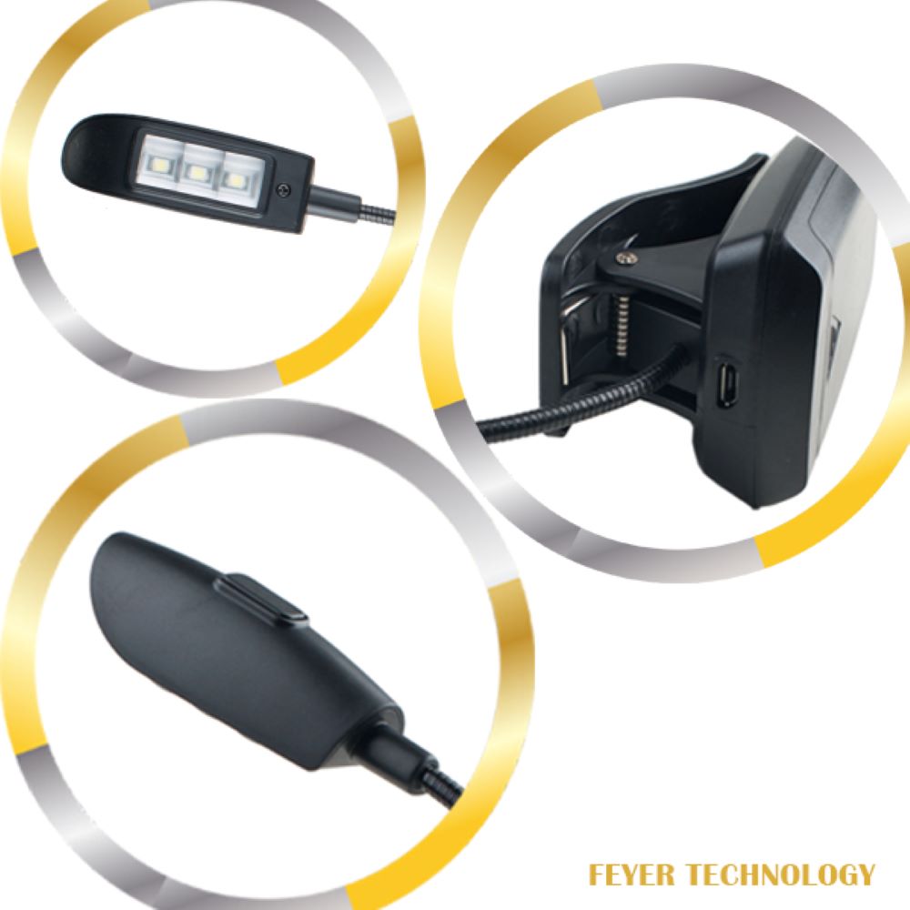 FEYER- FYMCOB1- 3 LEDs Reading lamp book Light with Clip, Flexible and Portable 200